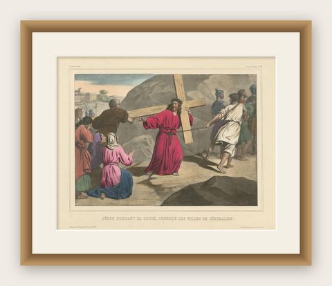 Antique Religious Print "No. 34" Jesus Carrying the Cross, circa 1840, shown framed