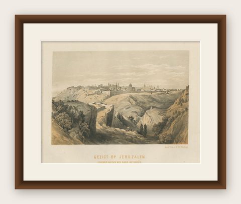19th-Century Chromolithograph of Jerusalem, View from the Road to Bethany, 1862, shown framed