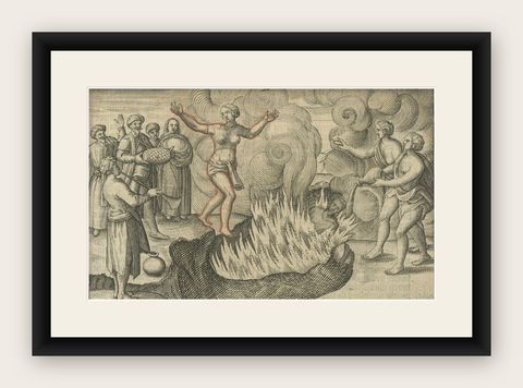 Early Depiction of Sati Ritual, Widow Burning on Pyre, Dutch Engraving c.1601, shown framed