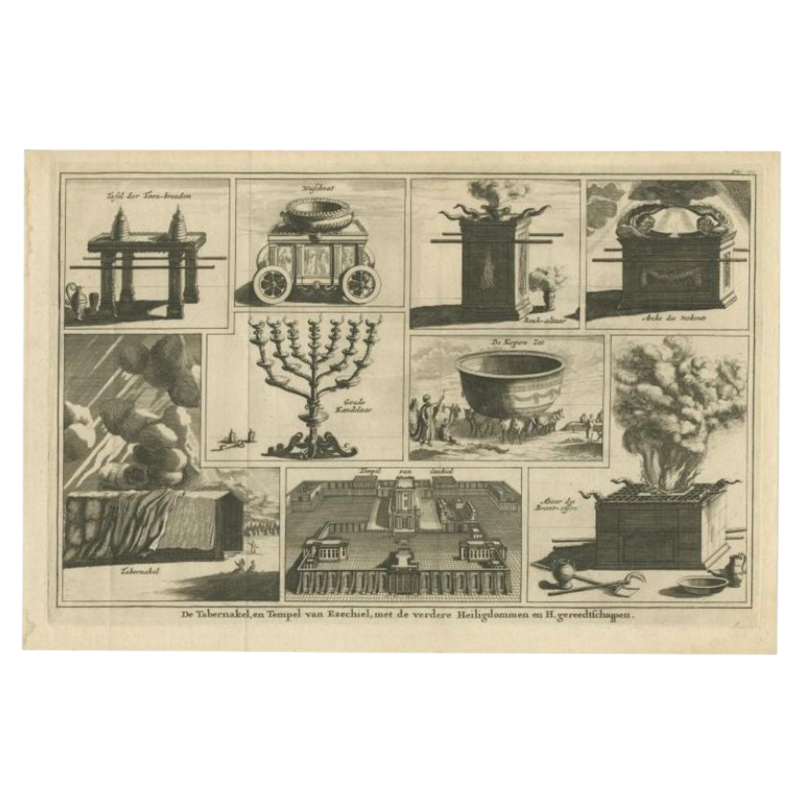 Antique Print of the Sacred Vessels Tabernacle & Temple of Ezekiel, 1717