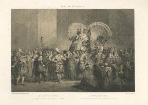Papal Procession at St. Peter’s Basilica, Antique Lithograph, 1869, close-up 1