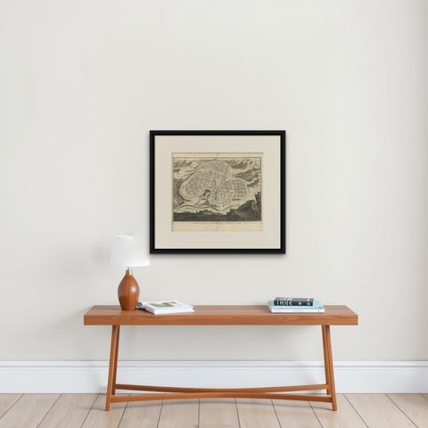 Antique Map of the Ancient City of Jerusalem by A. Calmet, 1725, shown framed on a wall, true to size
