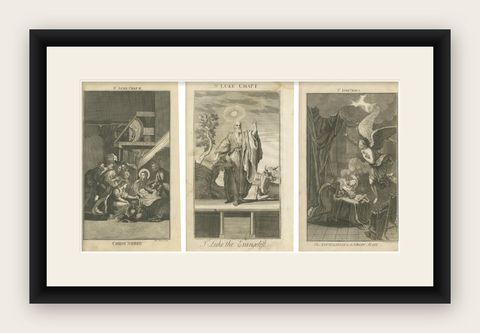 Set of Biblical Engravings, Nativity, Luke the Evangelist & Annunciation, c1735, shown framed