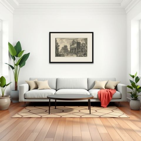 1751 Engraving of Roman Fountain and Church, Fountain of Moses and Santa Maria, shown framed in a room, true to size