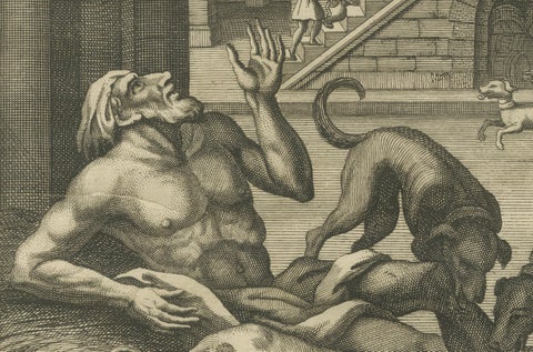 The Rich Glutton and Lazarus Engraving, Luke XVI Biblical Scene 1735, close-up 4