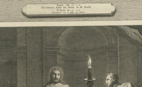 Rare Antique Print, Christ with Nicodemus & Samaritan Woman at the Well, c.1700, close-up 4