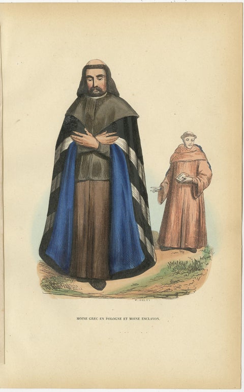 Antique Hand-Colored Print of a Greek Monk in Poland and a Slavonic Monk, c.1845, view 2