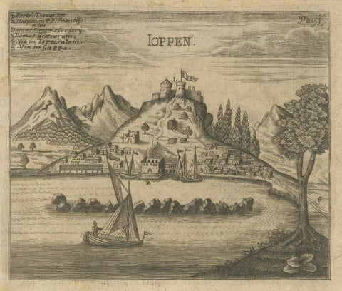 Antique View of Jaffa (Ioppen) Holy Land Engraving, Müller 1735, close-up 1