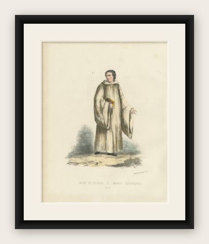 Moine de Cîteaux, 1862 Hand-Colored Lithograph of a Cistercian Monk, shown framed