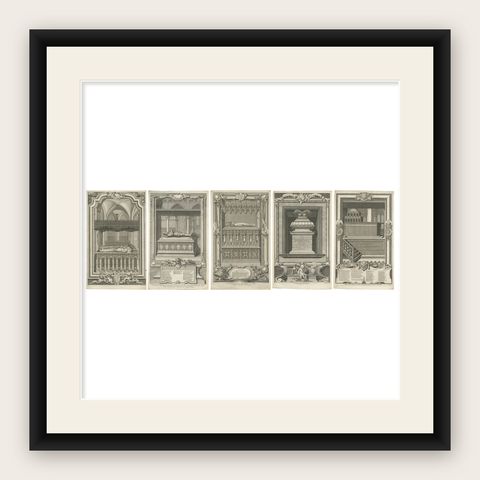 Westminster Abbey Monuments, Five English Engravings after Gravelot c.1730, shown framed