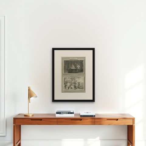 Rare Antique Print, Christ with Nicodemus & Samaritan Woman at the Well, c.1700, shown framed on a wall, true to size