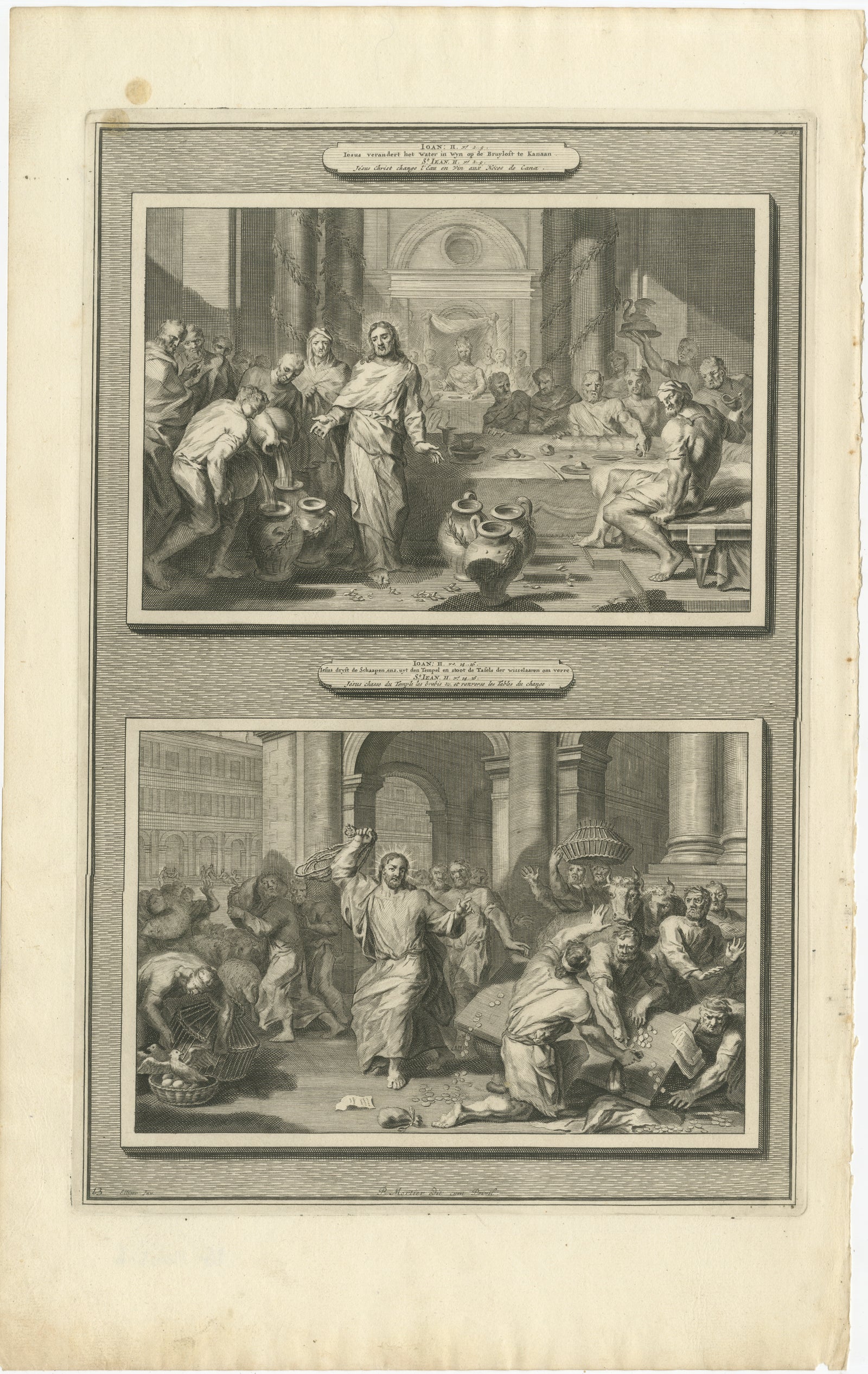 Miracles of Christ, Wedding at Cana & Cleansing of the Temple, P. Mortier, 1700