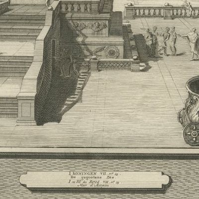 Bronze Pillars and the Molten Sea of Solomon's Temple, Mortier, circa 1700, close-up 2