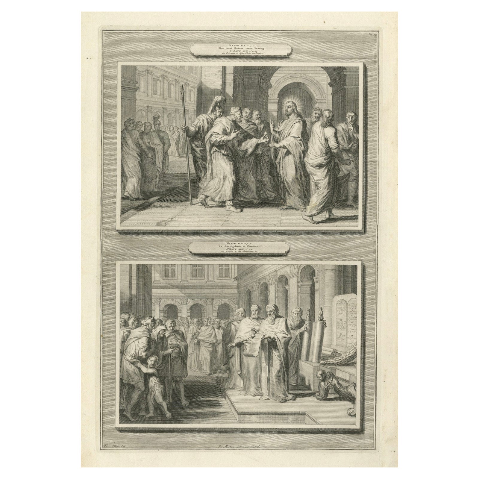 Antique Biblical Engravings, Tribute to Caesar & Reading of the Law, ca.1700
