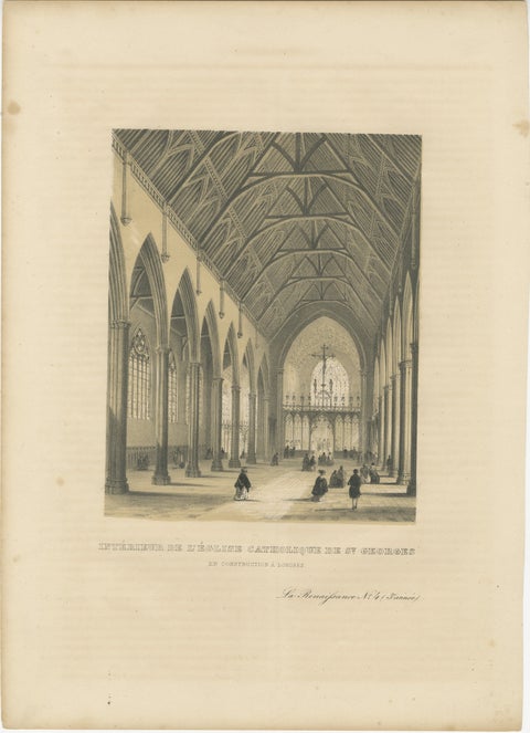 Lithograph of St. George's Church Interior Under Construction in London, 1843, view 2