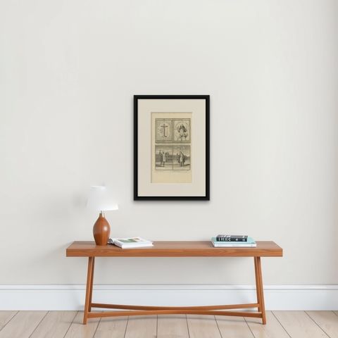 Antique Print of Inquisition Banners and Religious People by B. Picart, 1722, shown framed on a wall, true to size