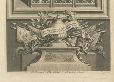 Antique Engraving Henry V Tomb Westminster Abbey, Vertue, c.1735, close-up 4