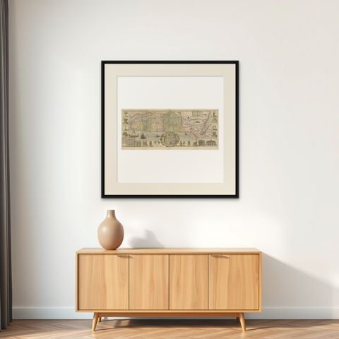 1632 Decorative Map of the Holy Land, Insets of Jerusalem and Biblical Artefacts, shown framed on a wall, true to size