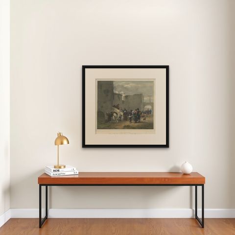 Antique Print of Travellers Halting at Convent, C.1840, shown framed on a wall, true to size