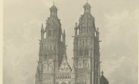 St. Gatien Cathedral, Tours, Antique Steel Engraving after T. Allom, circa 1845, close-up 1