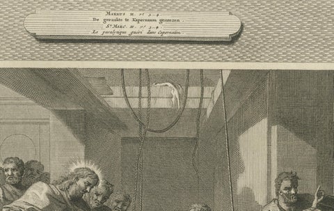 Christ Healing the Possessed and the Paralytic, Antique Biblical Print, c.1700, close-up 3