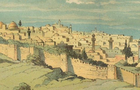 Antique Chromolithograph of Jerusalem from the Mount of Olives, circa 1890, close-up 3