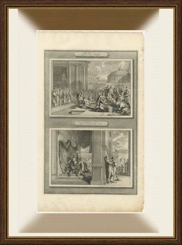 Punishment of Adonibezek and Ehud Kills Eglon, Mortier Bible circa 1700, shown framed