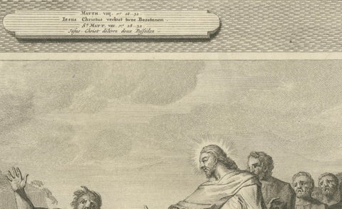 Christ Healing the Possessed and the Paralytic, Antique Biblical Print, c.1700, close-up 1
