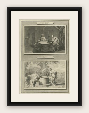 Rare Antique Print, Christ with Nicodemus & Samaritan Woman at the Well, c.1700, shown framed