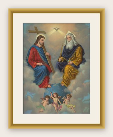 Holy Trinity Enthroned in Heaven, Antique German Chromolithograph c.1900, shown framed