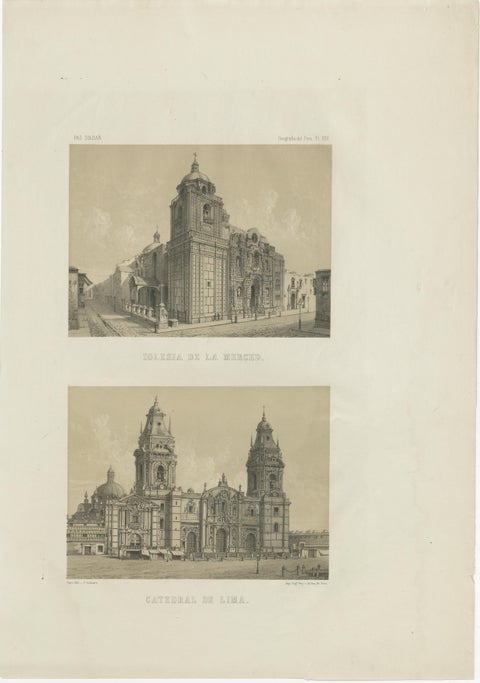 Antique lithograph views of the Cathedral and La Merced Church, Lima, 1865, view 2