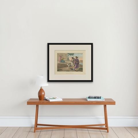 Antique Religious Print 'No. 17' The Departure of Young Tobias, circa 1840, shown framed on a wall, true to size