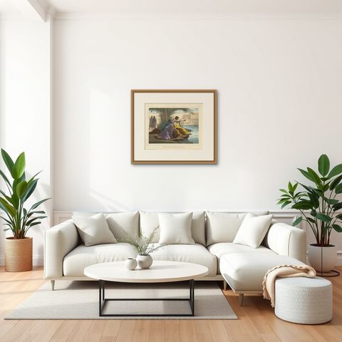 Antique Religious Print "No. 20" The Girls of Jerusalem, circa 1840, shown framed in a room, true to size