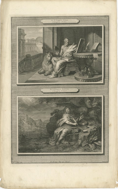 Antique Christian Wall Art, Evangelists Luke and John, Mortier ca.1700, view 2
