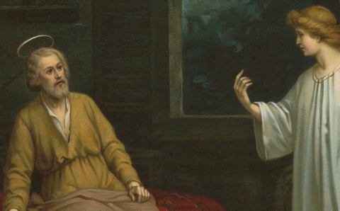 Saint Joseph Visited by an Angel, Antique German Chromolithograph c.1900, close-up 2