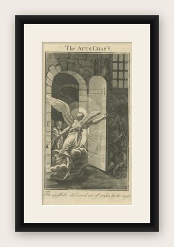 Apostles Released by Angel, Acts V Antique Engraving c.1735, shown framed