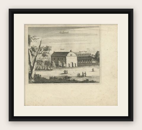 Antique Print of a Church in Oudewil in Ceylon or Nowadays Sri Lanka, 1672, shown framed