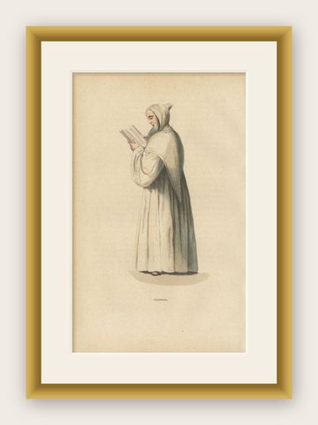Antique Print of a Trappist Monk Reading a Bible by Tiron, 1845, shown framed