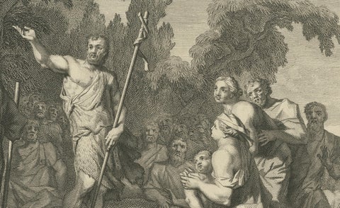 John the Baptist & Baptism of Christ, Pieter Mortier Engraving, ca.1700, close-up 4