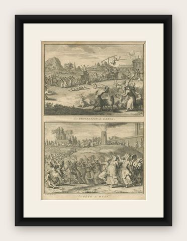 Procession of Ganga and Festival of Huly, Antique 18th Century India Engraving, shown framed