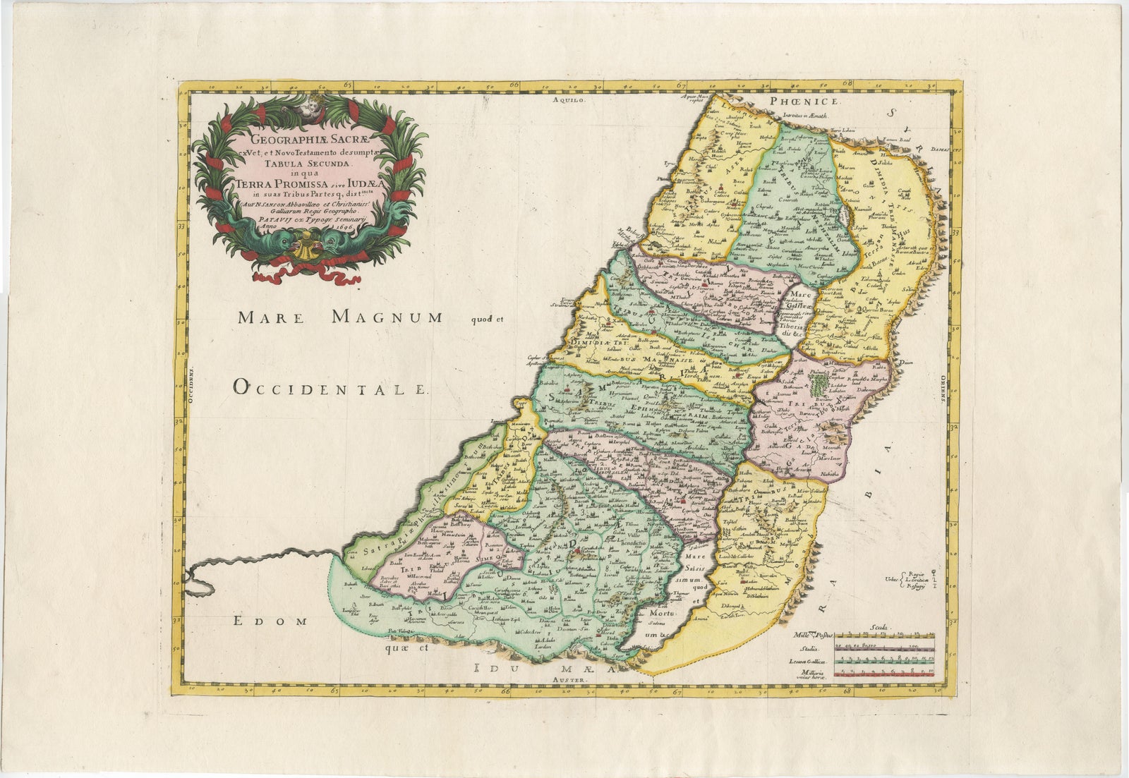 Holy Land Map of the Twelve Tribes of Israel, Sanson, Hand Colored, 1696