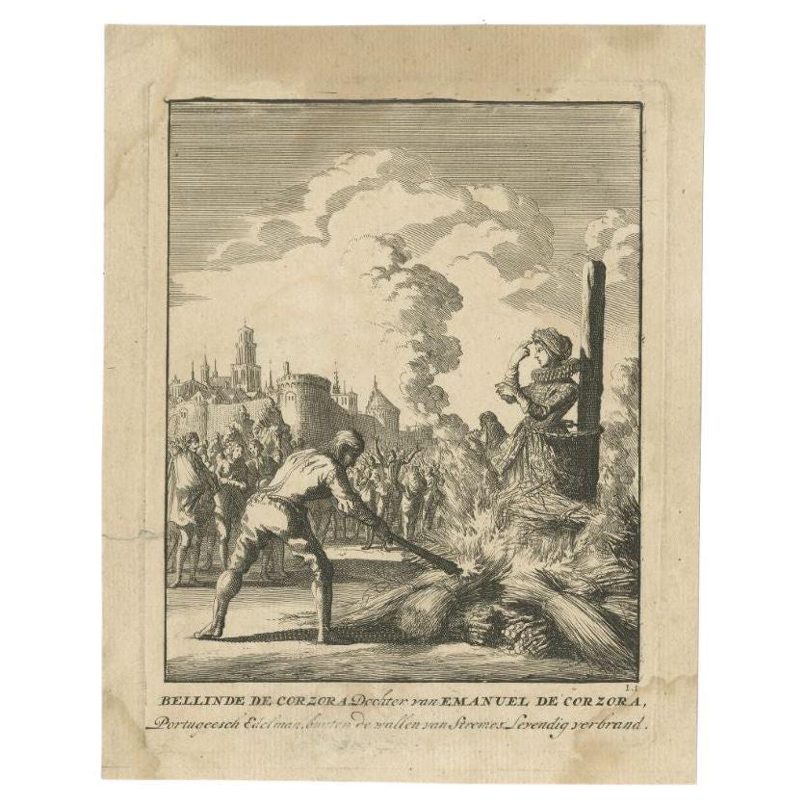 Antique Print of Bellinde De Corzora Burned Alive by Luyken, circa 1698