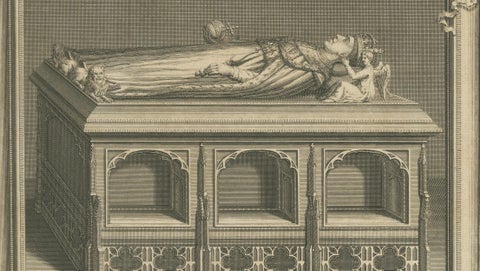 Antique Engraving Henry V Tomb Westminster Abbey, Vertue, c.1735, close-up 1