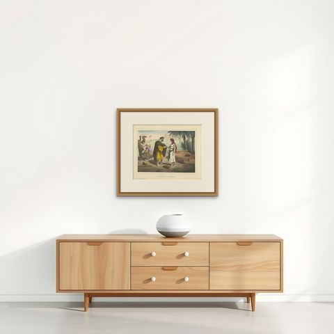 Antique Religious Print 'No. 13' Rebecca and Eliezer at the Well, circa 1840, shown framed on a wall, true to size