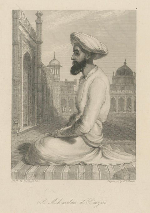 Orientalist India Engraving, Muslim at Prayer, Daniell & Cochran c.1836, close-up 2