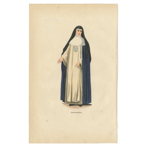 Antique Hand-Colored Engraving of a Conceptionist Nun, 19th Century