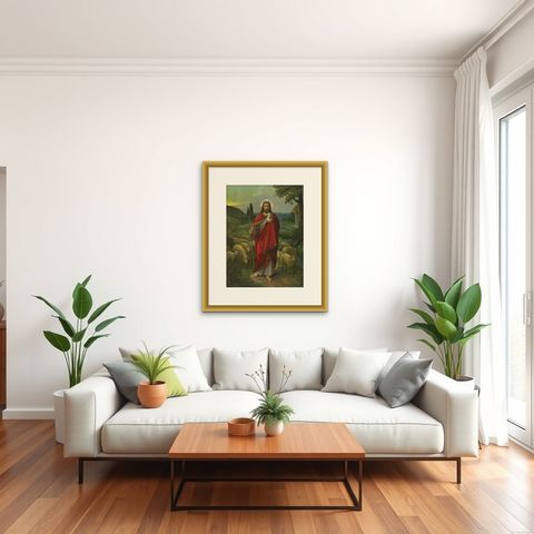 Christ the Shepherd, Beautiful Catholic Chromolithograph Artwork, ca.1900, shown framed in a room, true to size