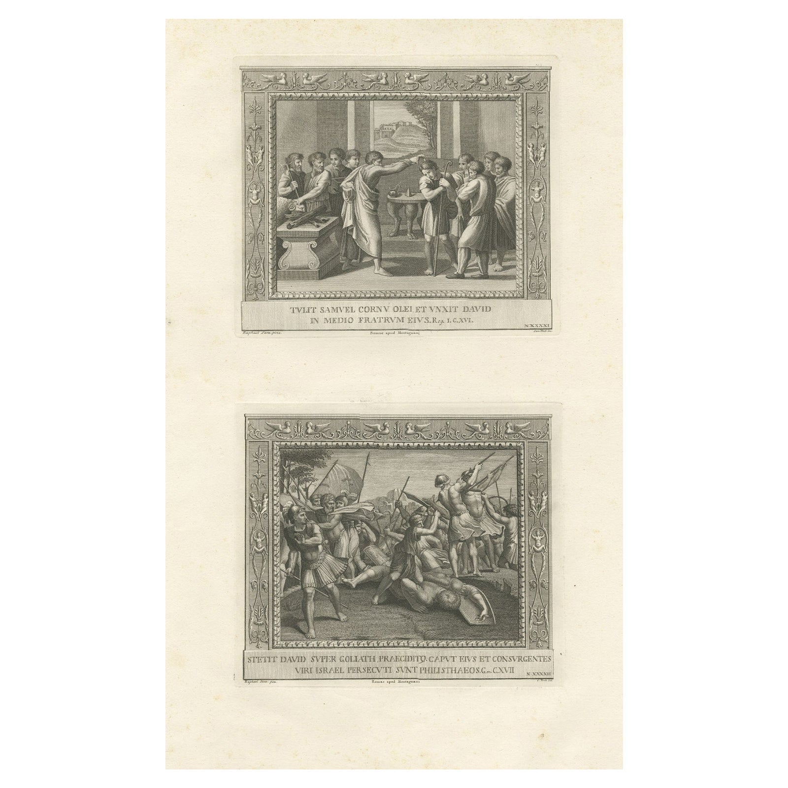 Old Religion Engraving of the Consecration of David and of David and Goliath