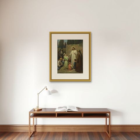 Jesus Blessing the Children, Antique German Chromolithograph, ca.1900, shown framed on a wall, true to size