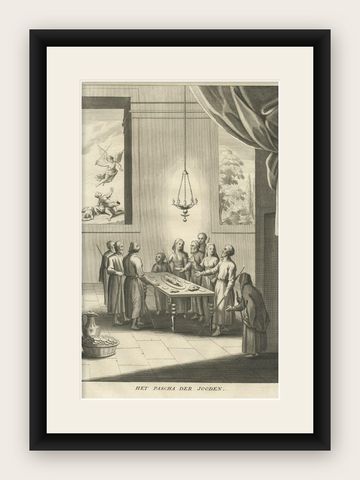 Antique Print of the Jewish Feast or Commemoration of the Passover, 1725, shown framed